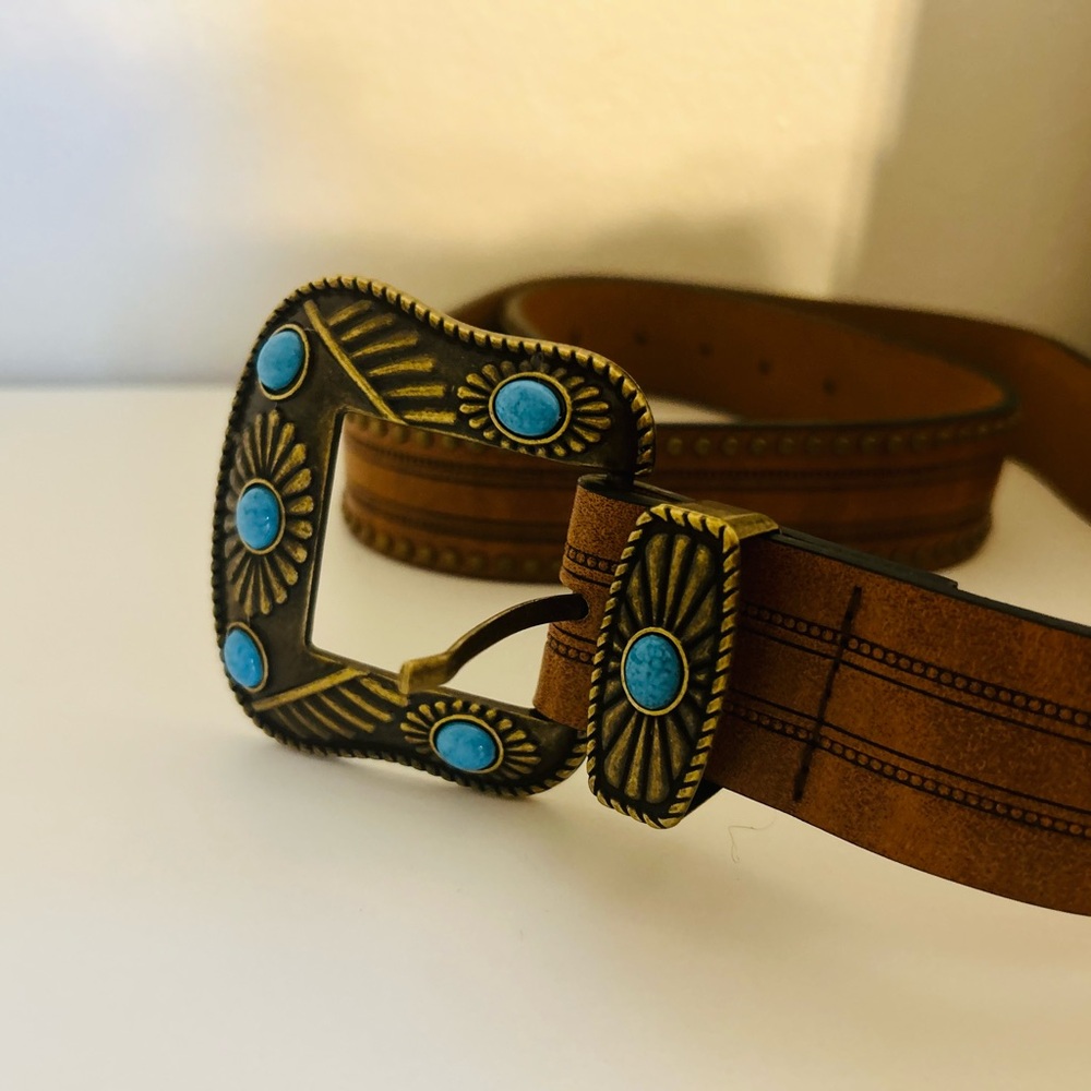 Amazon Brown Belt with Gold Buckle and Blue Accents